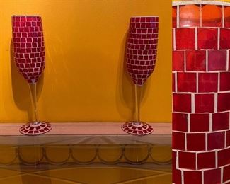 Pair Large Red Mosaic Candle Holders