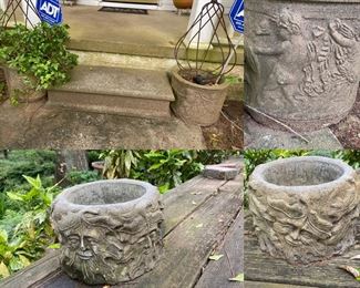 Pair Terra Cotta Planters 12” Tall x 18” Wide 
Pair Concrete Cherub Relief Planters
Pair Concrete Tree Spirit Relief Planters