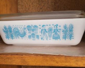 Pyrex or FireKing.  I am not there right now so I'm not sure, just call me baby!