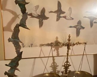 Vintage brass scale, vintage Jere bird sculpture