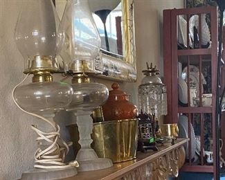 Antique converted oil lamp electrical lamp, mantle piece