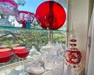Carlo Moretti Red Stemware, Cut to Clear Decanters, EAPG