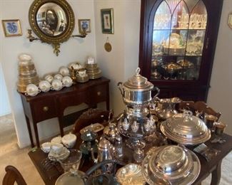 Vintage Mahogany Corner Cabinets, Antique Convex Mirror c. 1820, Vintage Silver plate