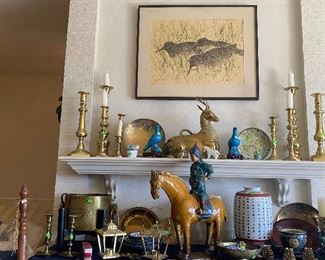 Antique Chinese Roof tile, Brass candlesticks, art