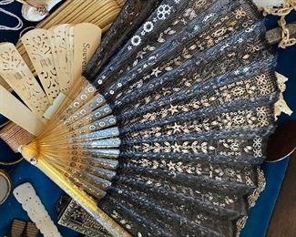 Antique flapper era celluloid, lace and silver fan