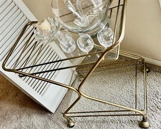 FABULOUS 1960s brass and glass bar cart in excellent condition