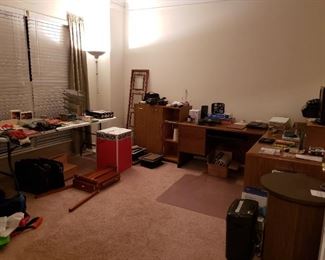 office supplies, picture frames, dvd players, vhs player, cameras and photographic supplies, small tv, office furniture