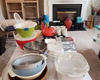 corningware, bowls, mugs, cooking utensils
