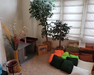 assorted throw pillows, vinyl records, tv console, faux plants
