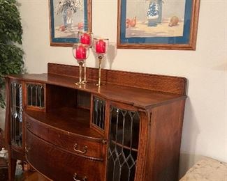 Early oak buffet w leaded glass