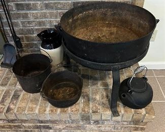 Large Antique cast iron cauldron kettle and stand