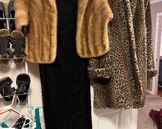 Mink stole
Beaded dress
Faux leopard coat