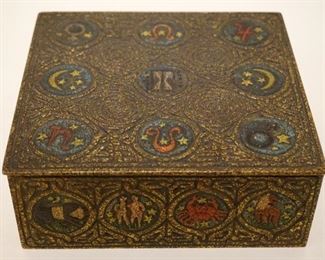 1013	TIFFANY STUDIOS ZODIAC HINGED METAL BOX, APPROXIMATELY 6 IN X 6 1/2 IN X 2 1/2 IN HIGH
