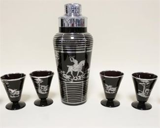 1016	BLACK AMETHYST COCKTAIL SHAKER & GLASSES W/SILVER OVERLAY OF A HUNT SCENE, SHAKER APPROXIMATELY 11 IN HIGH
