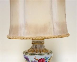 1017	PORCELAIN CROWN SAXONY TABLE LAMP W/HAND PAINTED FLOWERS, APPROXIMATELY 18 IN HIGH
