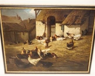 1021	ANTIQUE OIL PAINTING ON CANVAS OF CHICKENS ON FARM, ARTIST SIGNED & DATED 1890, APPROXIMATELY 24 IN X 31 IN
