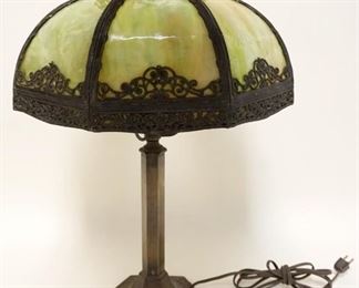 1022	ANTIQUE TABLE LAMP W/GREEN SLAG GLASS SHADE, APPROXIMATELY 23 IN HIGH
