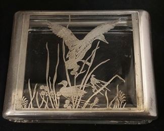 1029	SILVER OVERLAY GLASS BOX W/GEESE IN FLIGHT, APPROXIMATELY 4 1/4 IN X 5 3/4 IN X 1 3/4 IN HIGH
