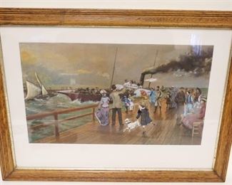 1035	PAINTING UNDER GLASS OF VICTORIAN BOARDWALK W/BOATS & SHIPS AT SEA, APPROXIMATELY 21 IN X 28 IN OVERALL
