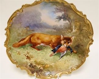 1036	LARGE HAND PAINTED LIMOGES ARTIST SIGNED PLATE OF FOX W/BIRD, APPROXIMATELY 13 IN
