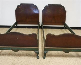 1073	PAIR OF PAINT DECORATED TWIN BEDS, ASIAN THEME
