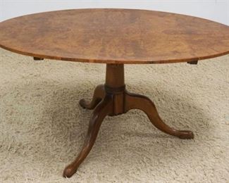 1077	ANTIQUE OVAL BURL WOOD TABLE ON QUEEN ANNE PEDESTAL BASE, APPROXIMATELY 57 IN X 41 IN X 28 IN HIGH
