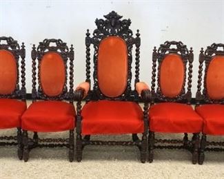 1087	SET OF 7 OAK HEAVY CARVED WILLIAM & MARY STYLE CHAIRS, 6 SIDE, ONE ARM

