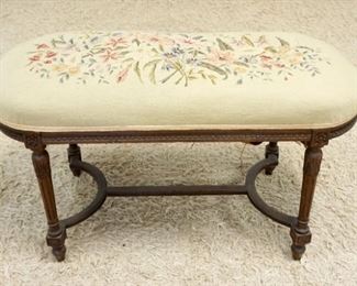 1091	OVAL NEEDLEPOINT UPHOLSTERED BENCH, NEEDS WEBBING REPAIR, APPROXIMATELY 38 IN X 17 IN X 20 IN
