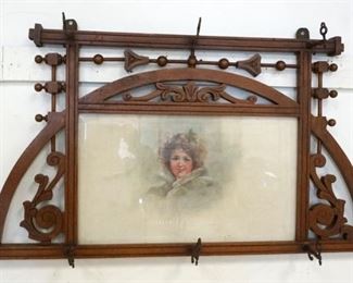 1103	OAK VICTORIAN COAT & HAT RACK W/PRINT OF A WAMAN, APPROXIMATELY 46 IN X 24 IN
