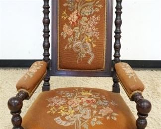 1105	HIGH BACK WALNUT VICTORIAN UPHOLSTERED ARMCHAIR W/NEEDLEPOINT DESIGN
