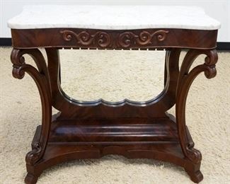 1107	ORNATE VICTORIAN MAHOGANY MARBLE TOP CONSOLE TABLE W/MIRRORED BASE & SCALLOPED EDGE TOP, APPROXIMATELY 35 IN X 15 IN X 33 IN HIGH
