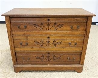 1111	OAK SPOON CARVED 3 DRAWER CHEST, APPROXIMATELY 40 IN X 18 IN X 33 IN HIGH
