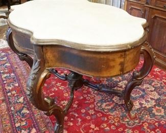 1112	WALNUT VICTORIAN INSET MARBLE TURTLE TOP TABLE, APPROXIMATELY 52 IN X 34 IN X 31 IN HIGH
