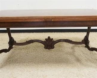 1114	ANTIQUE WALNUT DINING TABLE W/PULL OUT EXTENSIONS, CARVED LEGS & STRETCHER, DIAMOND VENEER TOP, APPROXIMATELY OPEN 130 IN, CLOSED 70 IN X 40 IN X 30 IN HIGH
