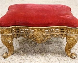 1126	ORNATE CAST METAL BASE VICTORIAN UPHOLSTERED STOOL, APPROXIMATELY 14 IN X 11 IN X 8 IN HIGH
