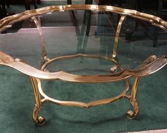 1138	BRASS SCALLOPED EDGE COFFEE TABLE ATTRIBUTED TO LABARGE, 2 PIECE, APPROXIMATELY 44 1/2 IN X 44 1/2 IN X 17 1/4 IN
