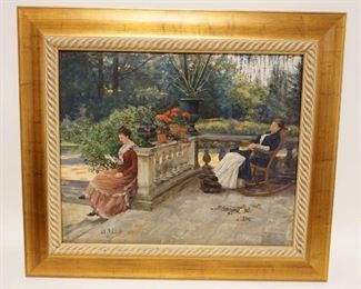 1159	ANTIQUE OIL PAINTING ON BOARD OF TWO WOMEN RELAXING ON A SUMMERS DAY, SIGNED M. SCHMITT 98, APP. 28 IN X 25 IN OVERALL
