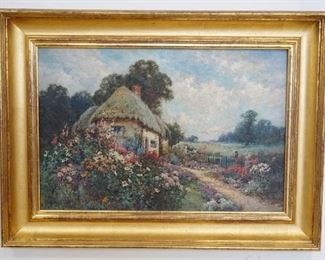 1160	ANTIQUE OIL ON CANVAS PAINTING OF COTTAGE & GARDENS, ARTIST SIGNED. APP. 28 IN X 38 IN OVERALL

