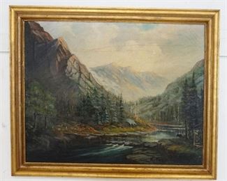 1161	ANTIQUE OIL ON CANVAS PAINTING OF MOUNTAIN SIDE & STREAM, ARTIST SIGNED, APP. 33 1/4 IN X 40 1/2 IN OVERALL
