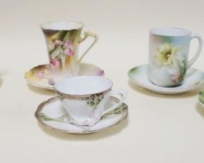 1165	LOT OF SIX ASSORTED R.S. PRUSSIA CUPS & SAUCERS. LARGEST APP. 4 IN H 
