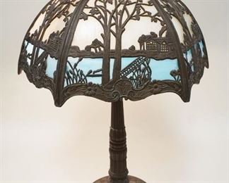 1172	ANTIQUE SLAG GLASS TABLE LAMP APP. 23 IN H 
