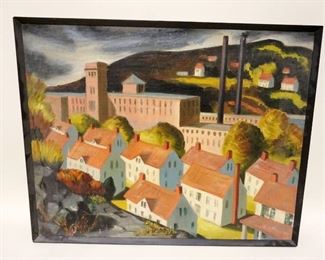 1173	SIGNED MARGARET L. TRIPLETT OIL ON CANVAS PAINTING *MILL TOWN* NORWICH CT APP. 25 IN X 31 IN 
