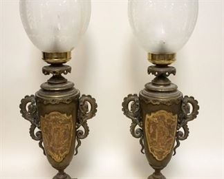 1206	PAIR OF ORNATE ANTIQUE BRASS LAMPS W/ETCHED FROSTED GLASS SHADES
