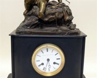 1228	ANTIQUE FRENCH CLOCK IN SLATE CASE WITH CAST METAL FIGURE OF YOUNG BOY FISHING. SOME LOSS TO CASTING, APPROXIMATELY 19 IN H
