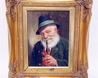 1239	PAINTING ON BOARD OF MAN SMOKING, ARTIST SIGNED ON TOP RIGHT, APPROXIMATELY 12 IN X 15 IN OVERALL
