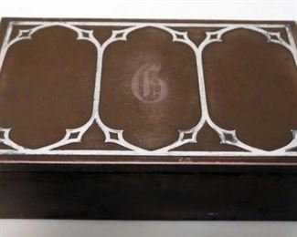 1257	STERLING SILVER CREST DECORATED BRONZE BOX, APPROXIMATELY 6 IN X 1 IN X 3 IN H
