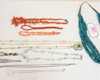 1300	JEWELRY LOT INCLUDES NECKLACE & BRACELET W/STERLING CLASP, CORAL NECKLACE, 2 LGA COSTUME NECKLACES & SANTA FE NECKLACE
