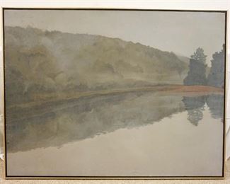 1303	LARGE ACRYLIC PAINTING TITLED *MIST AT WATERS EDGE* BY MONROE, APPROXIMATELY 52 IN X 39 IN OVERALL, SOME STAINING
