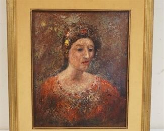 1308	OIL PAINTING ON ARTIST BOARD OF A WOMAN, UNSIGNED POSSIBLY THE SISTER OF WILLIAM STODDARD LOUGHRAN, APPROXIMATELY 22 1/4 IN X 19 IN OVERALL
