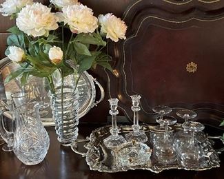 Maitland Smith leather tray, crystal and Sterling serveware